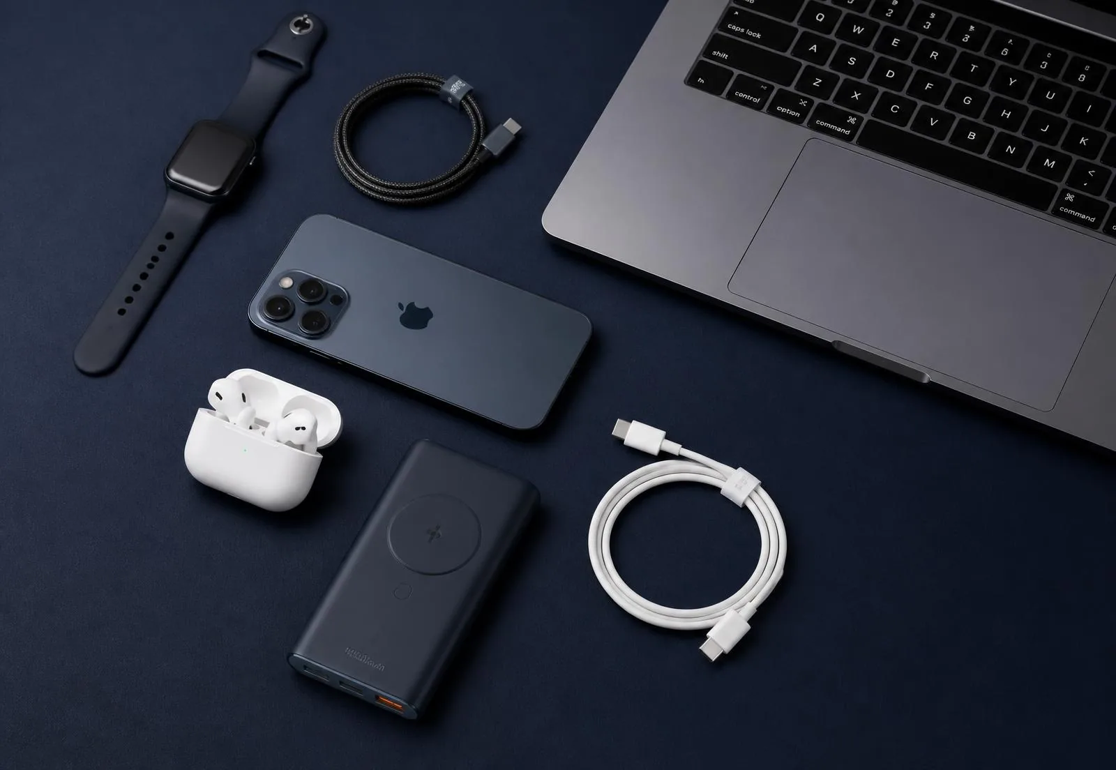 Laptop, phone, earbuds, smartwatch and charging accessories arranged on a navy surface