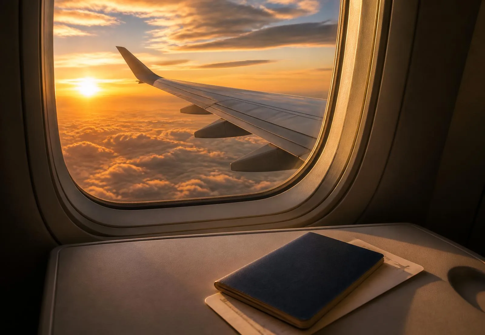 View of an aircraft wing above golden clouds with a passport on the tray table